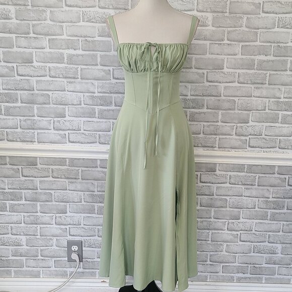 Parthea Ruched Bust Split Thigh Cami Dress Corset Tie Back NEW Sm Cottage Fairy - Picture 1 of 10